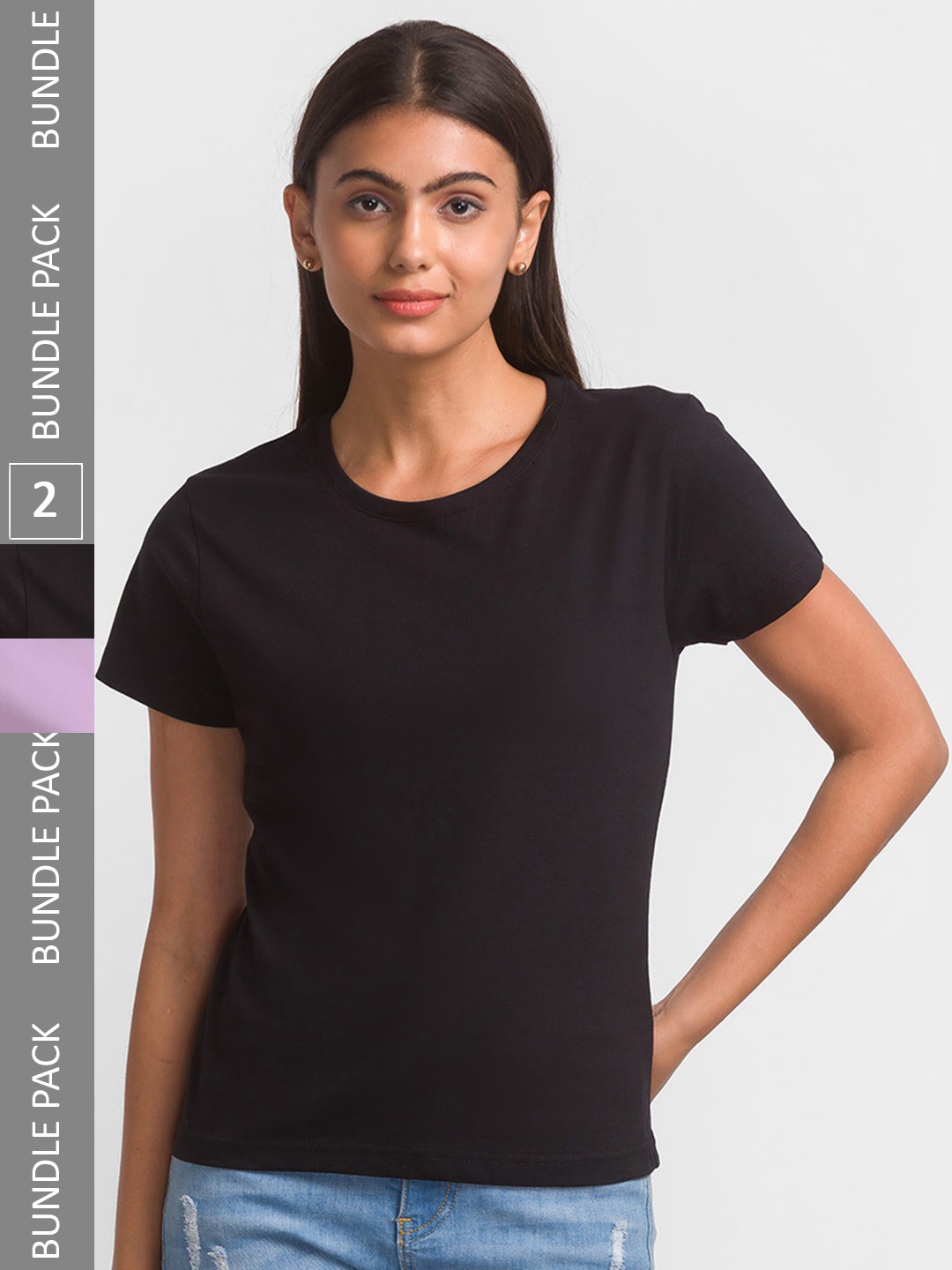 

NOIRA Pack of 2 Round Neck Cotton T-shirts, Black