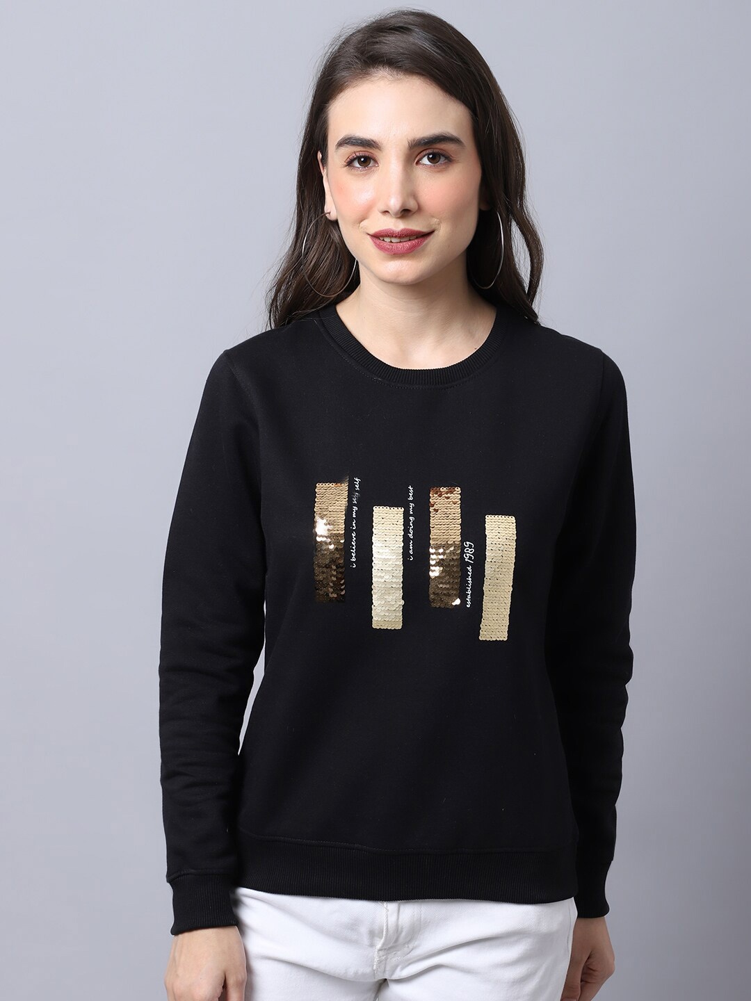

Cantabil Women Printed Fleece Sweatshirt, Black
