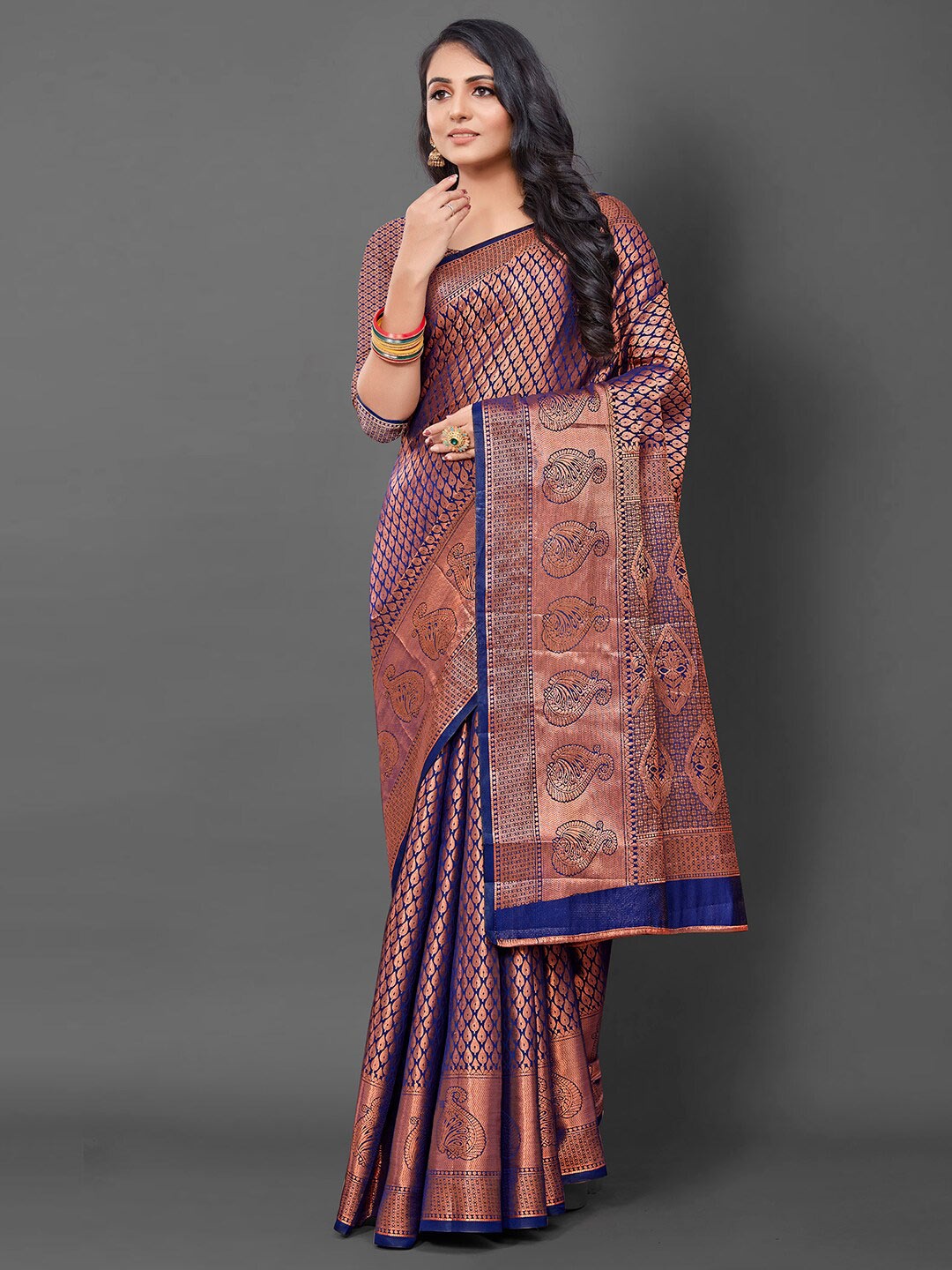 

Anouk Ethnic Motifs Woven Design Silk Blend Banarasi Saree, Navy blue