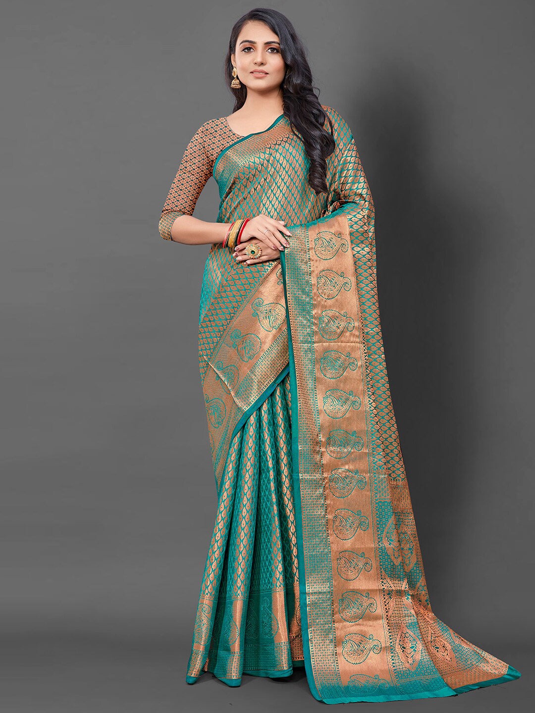 

Anouk Ethnic Motifs Woven Design Banarasi Saree, Teal