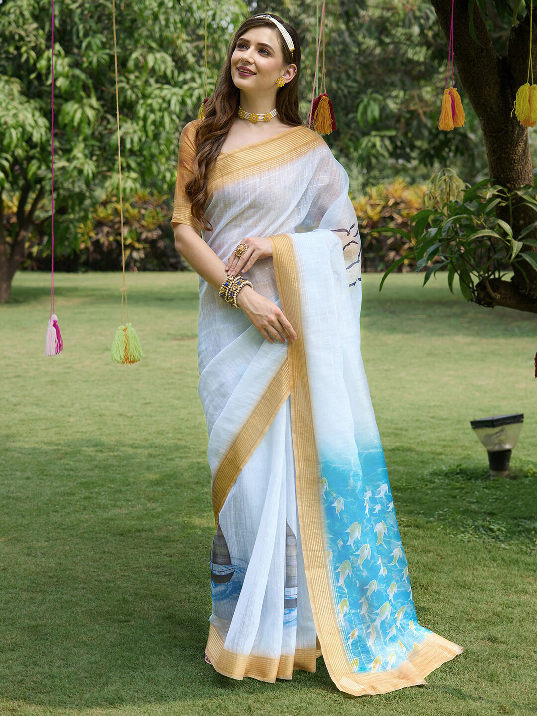 

Anouk Abstract Printed Saree, Turquoise blue