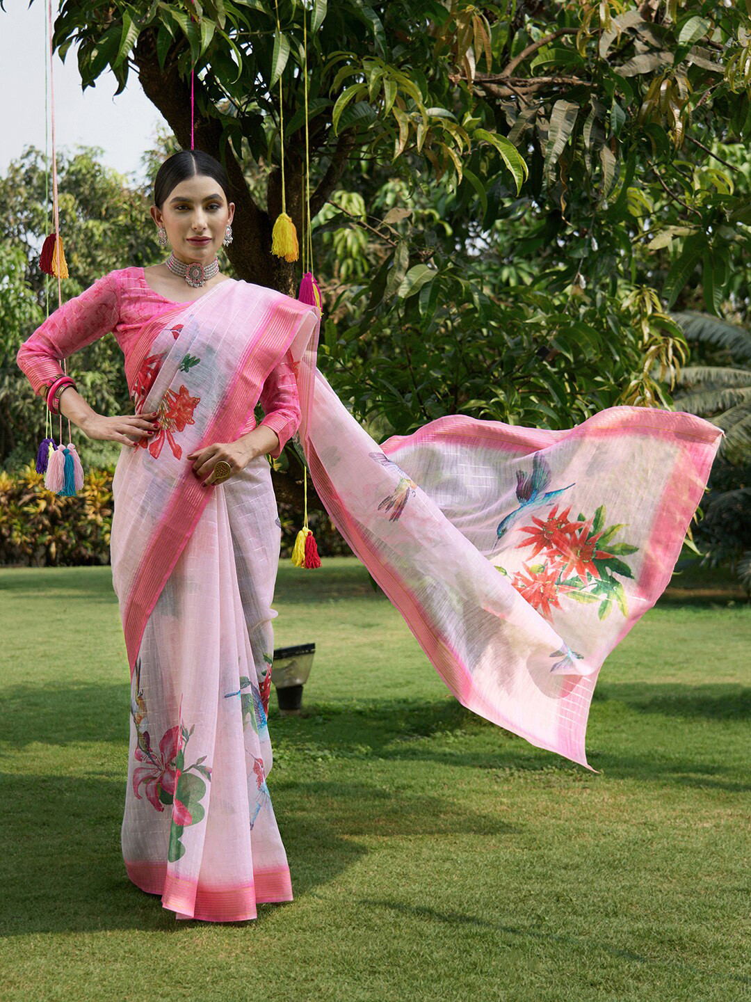 

Anouk Floral Printed Silk Blend Saree, Pink