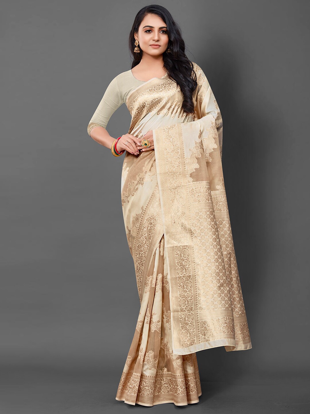 

Anouk Paisley Woven Cotton Blend Banarasi Saree, Cream