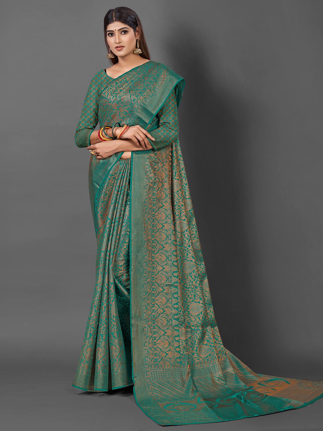 

Anouk Floral Motifs Woven Design Banarasi Saree, Teal