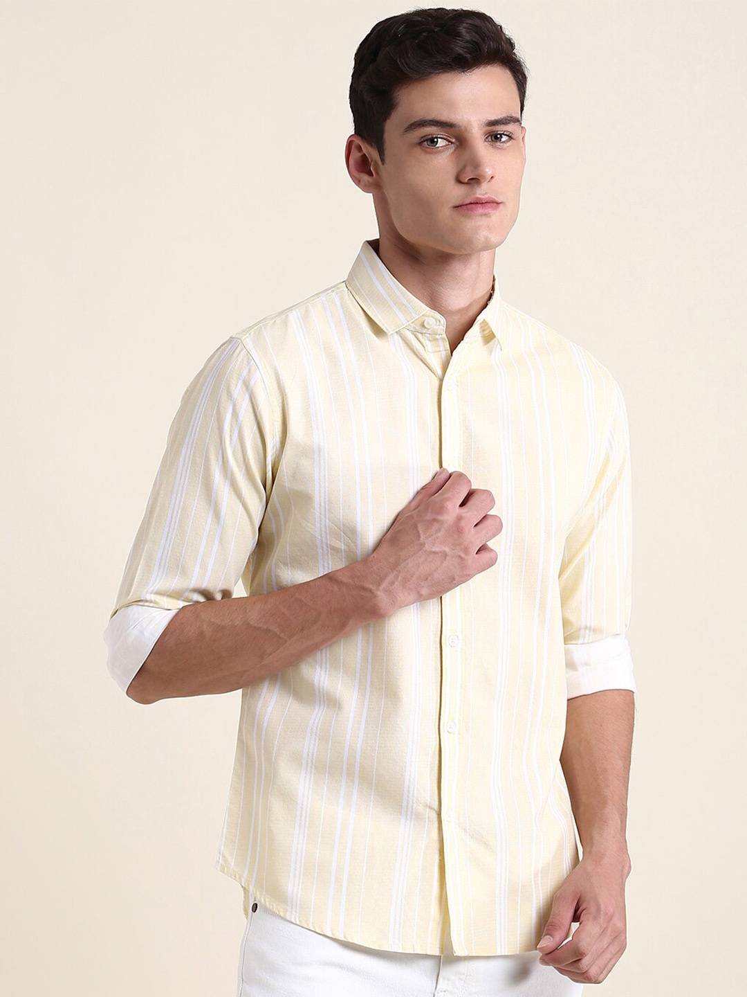 

Dennis Lingo Slim Fit Striped Pure Cotton Casual Shirt, Yellow
