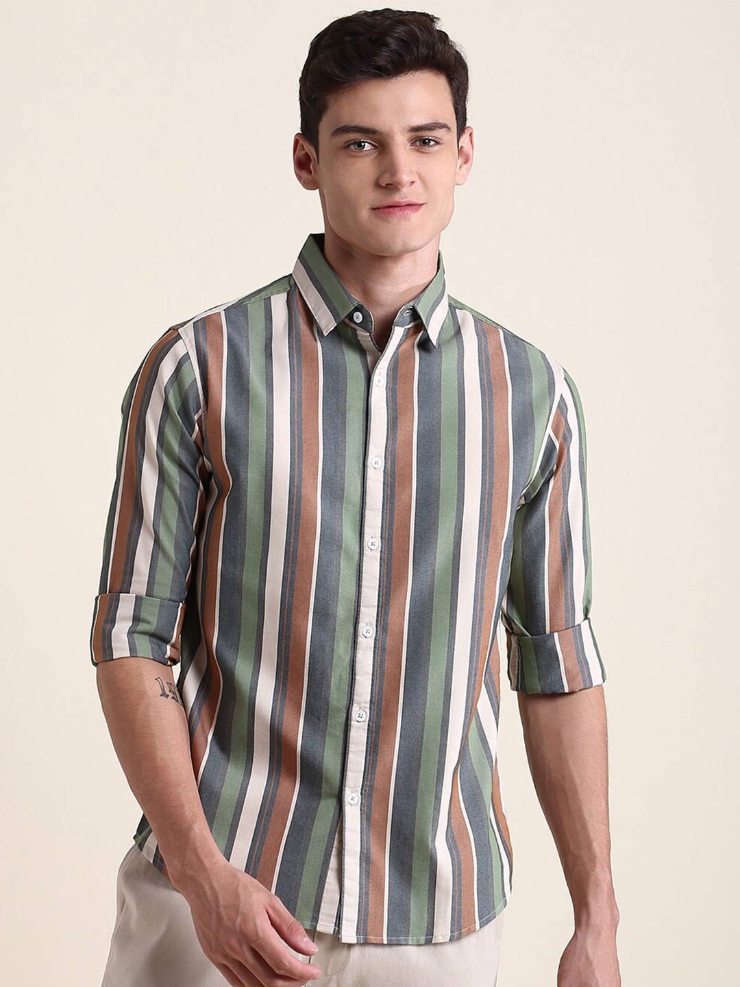 

Dennis Lingo Striped Pure Cotton Slim Fit Long Sleeves Casual Shirt, Olive