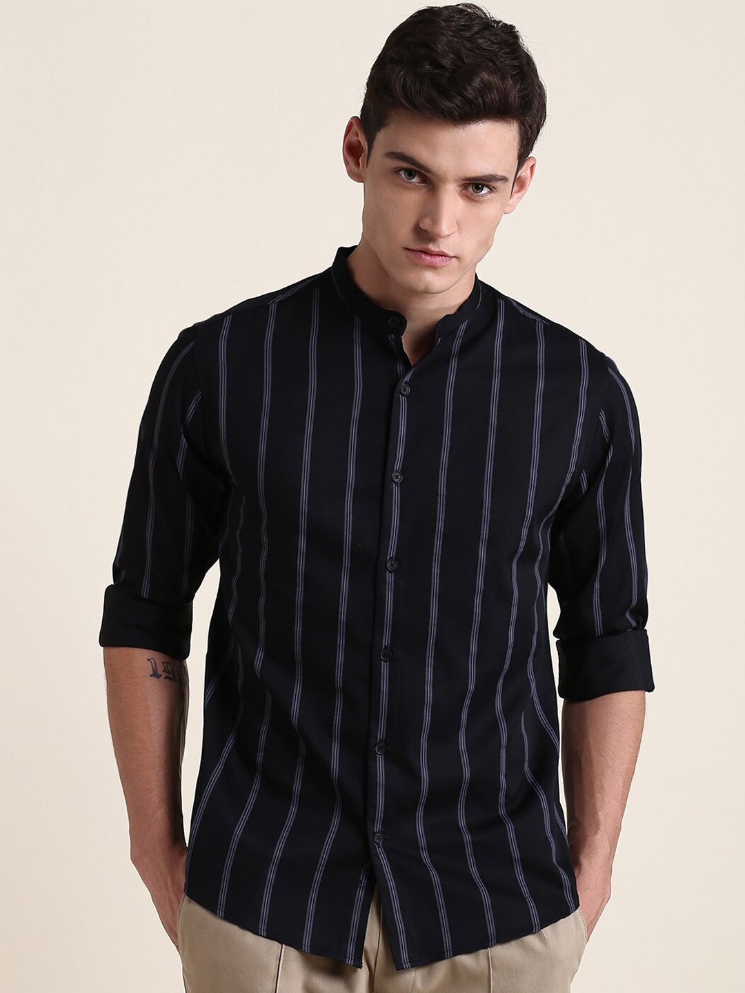 

Dennis Lingo Slim Fit Vertical Striped Pure Cotton Casual Shirt, Black