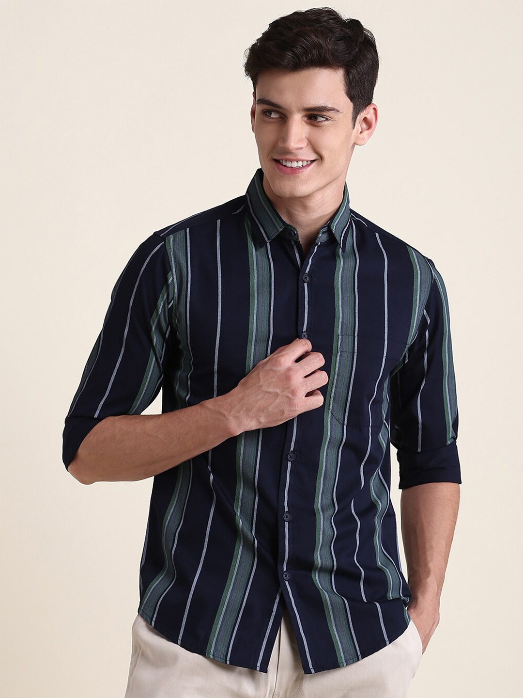 

Dennis Lingo Striped Slim Fit Cotton Casual Shirt, Green