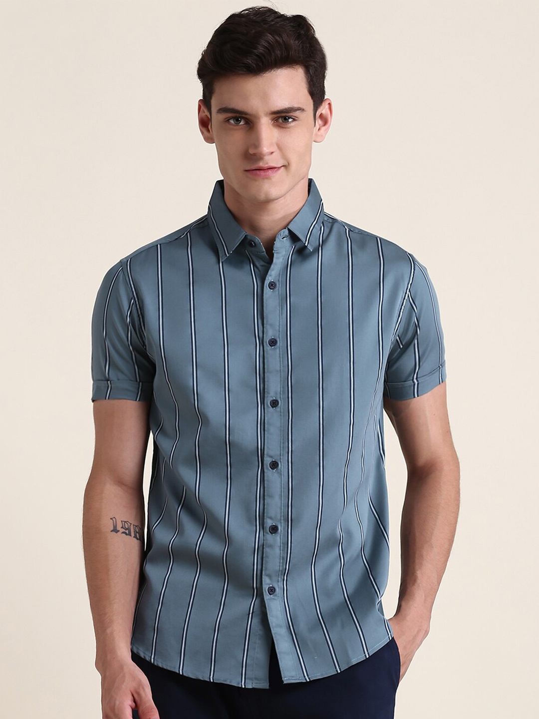

Dennis Lingo Striped Pure Cotton Slim Fit Short Sleeves Casual Shirt, Grey