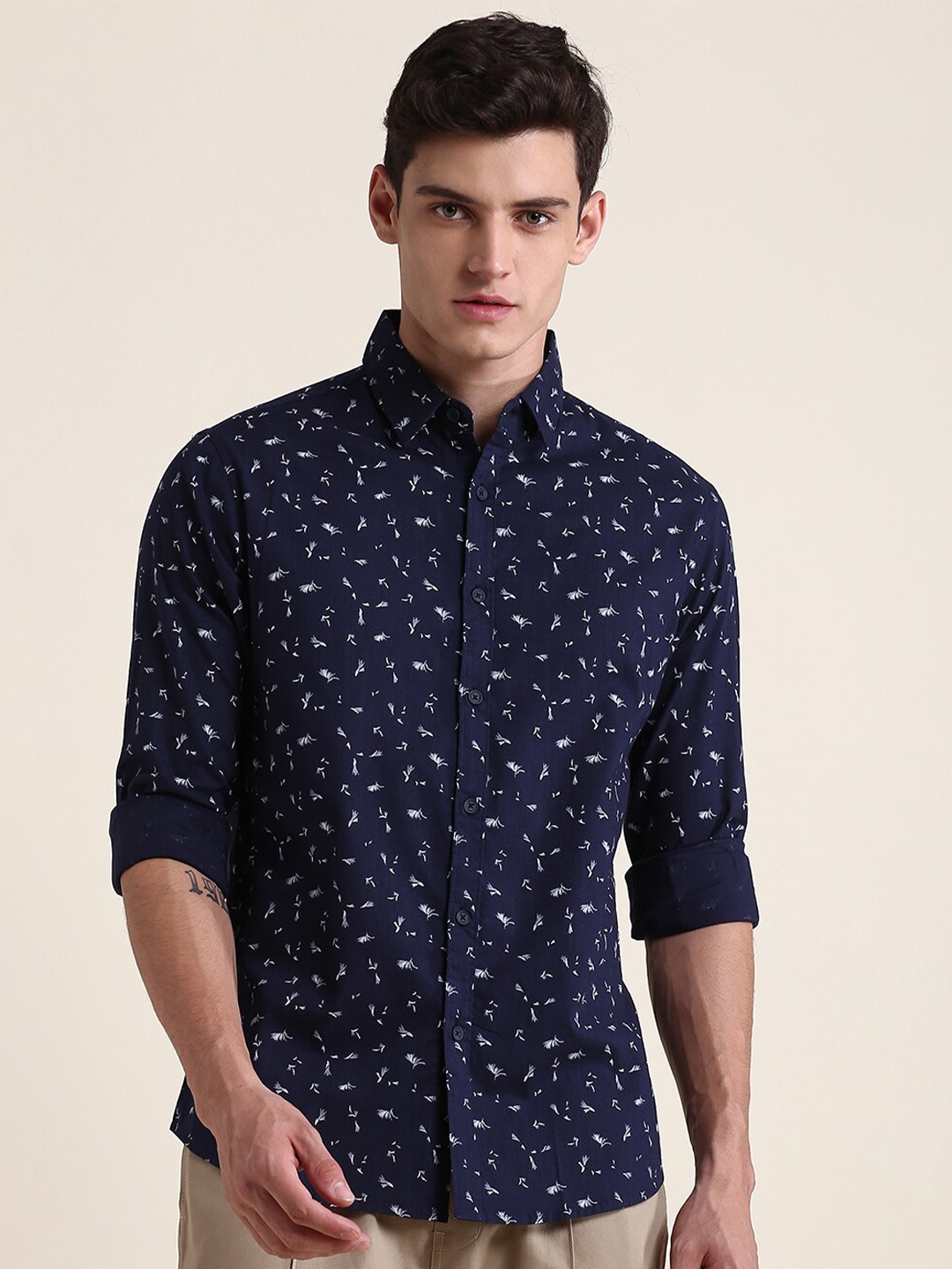 

Dennis Lingo Men Slim Fit Floral Printed Casual Cotton Shirt, Navy blue