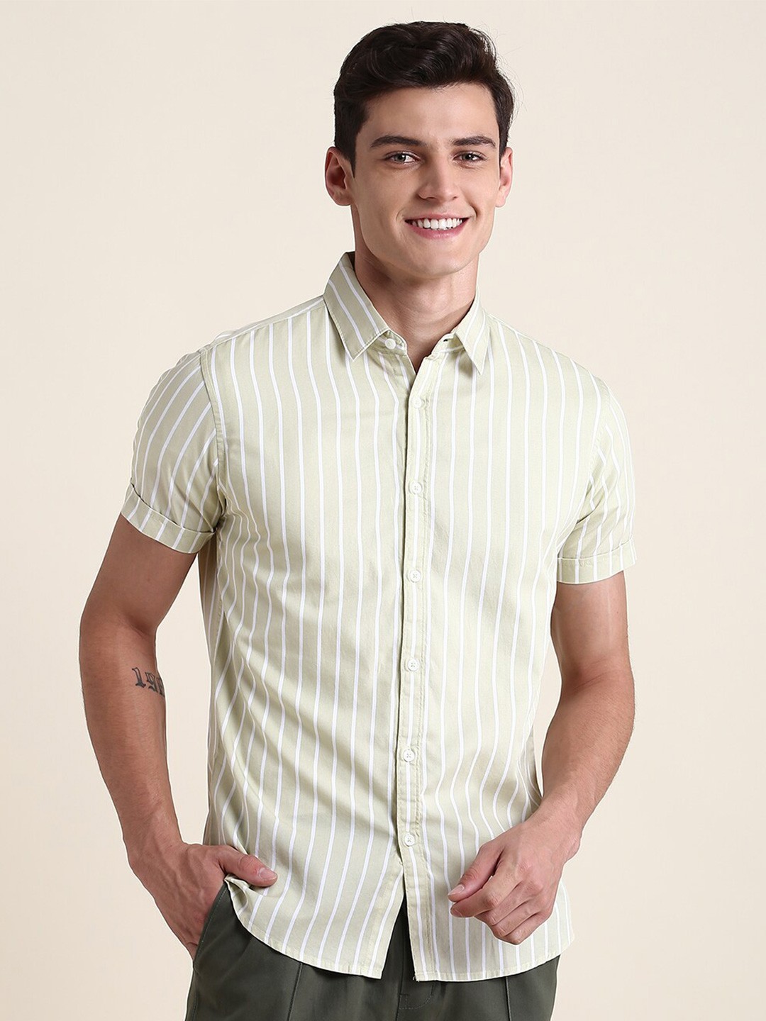 Dennis Lingo Striped Slim Fit Pure Cotton Casual Shirt, Beige