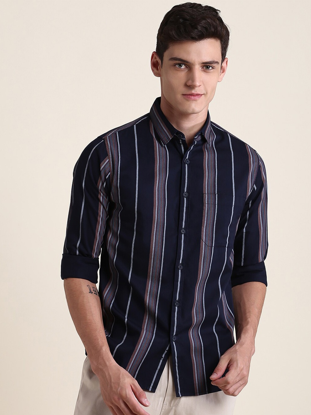 

Dennis Lingo Men Slim Fit Striped Casual Cotton Shirt, Navy blue