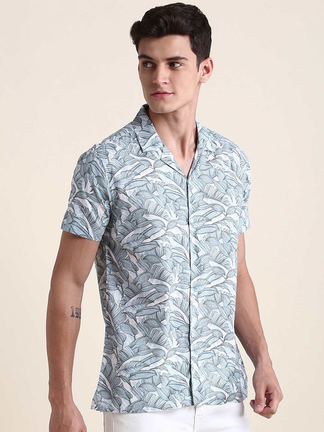 

Dennis Lingo Floral Printed Cuban Collar Pure Cotton Casual Shirt, White