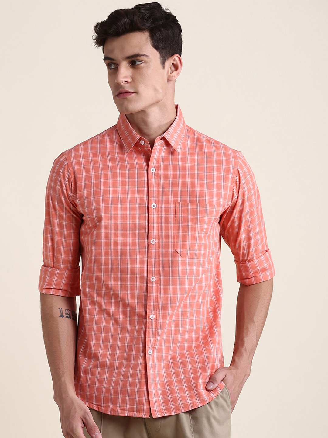 

Dennis Lingo Slim Fit Windowpane Checks Checked Pure Cotton Casual Shirt, Rust