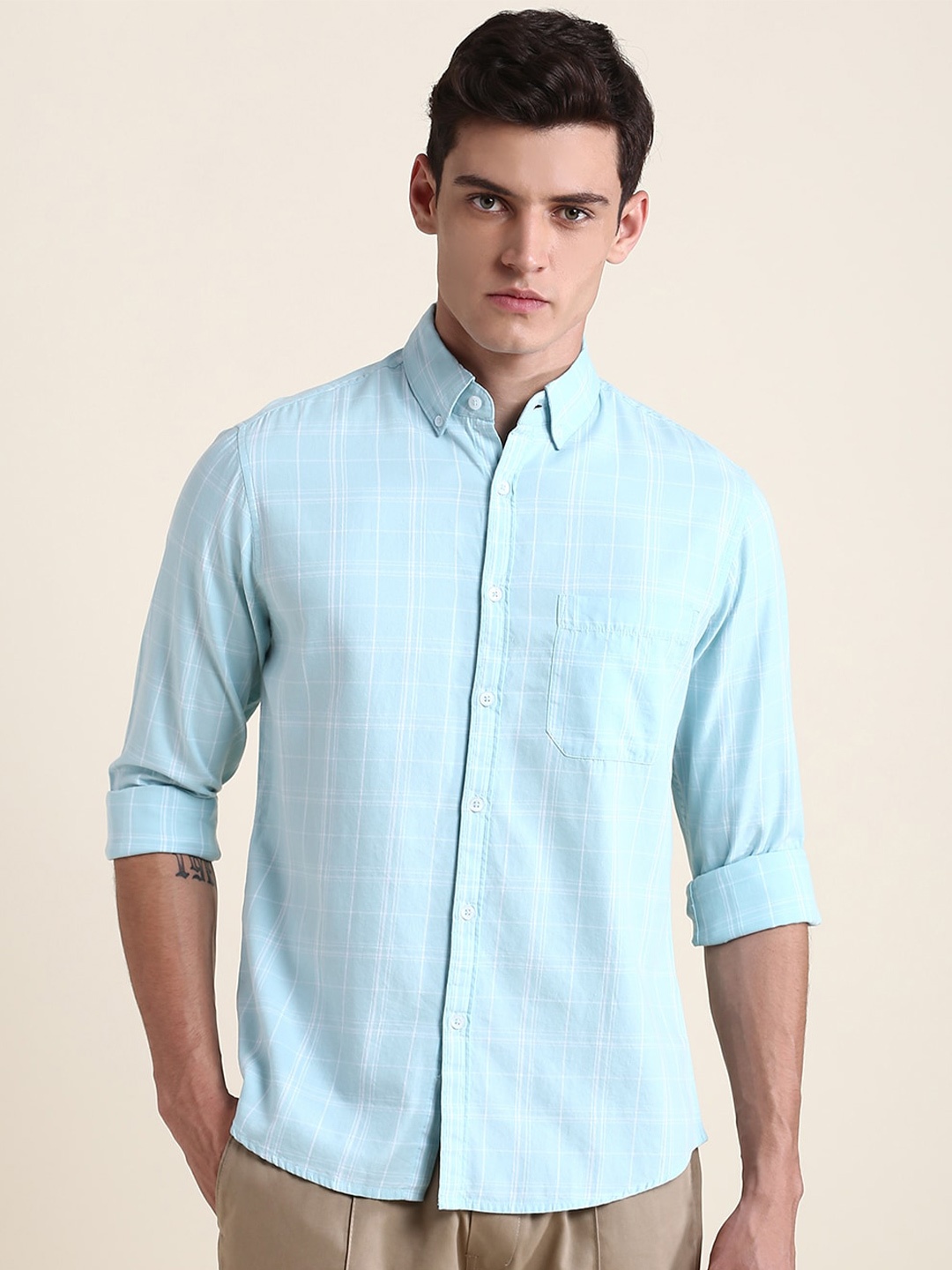 

Dennis Lingo Pure Cotton Slim Fit Checked Casual Shirt, Blue