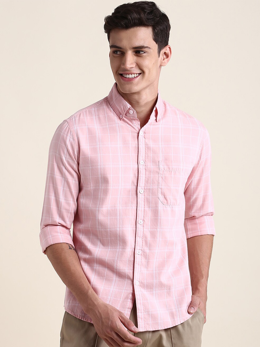 

Dennis Lingo Pure Cotton Slim Fit Checked Casual Shirt, Pink