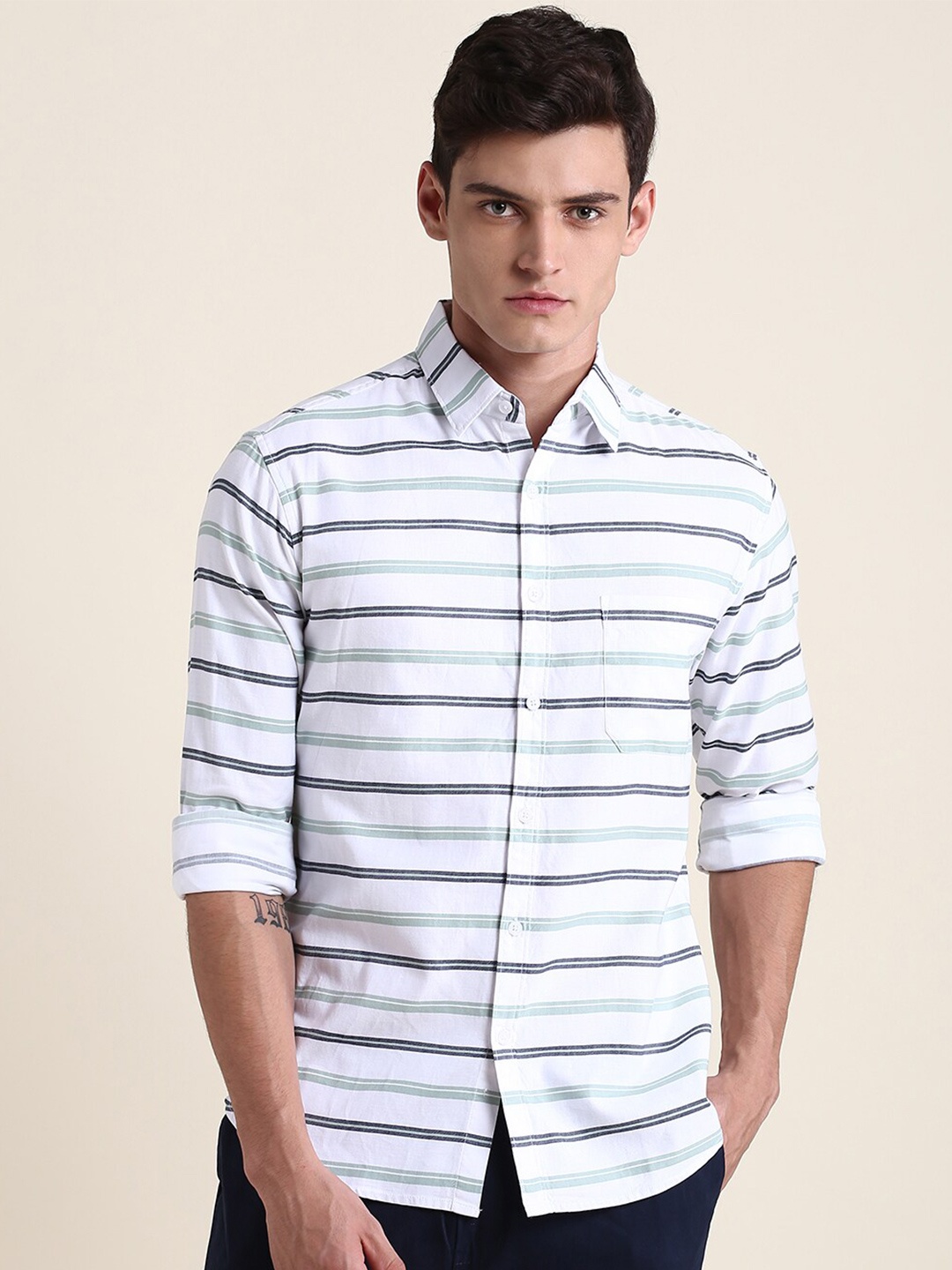 Dennis Lingo Slim Fit Horizontal Striped Pure Cotton Casual Shirt, White