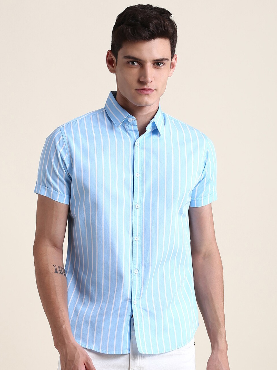

Dennis Lingo Men Slim Fit Striped Pure Cotton Casual Shirt, Blue