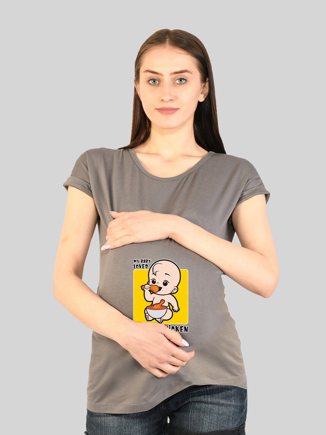 

SillyBoom Graphic Printed Dolman Sleeves Cotton Maternity T-shirt, Grey