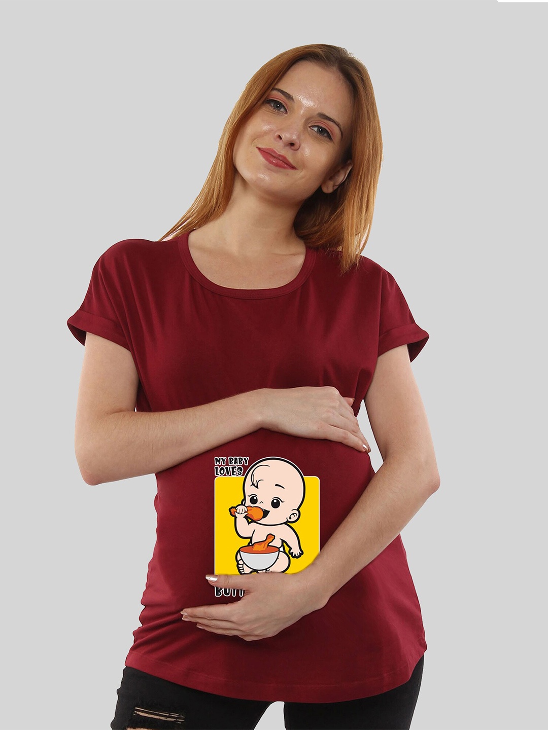 SillyBoom Graphic Printed Maternity Cotton T-shirt, Maroon