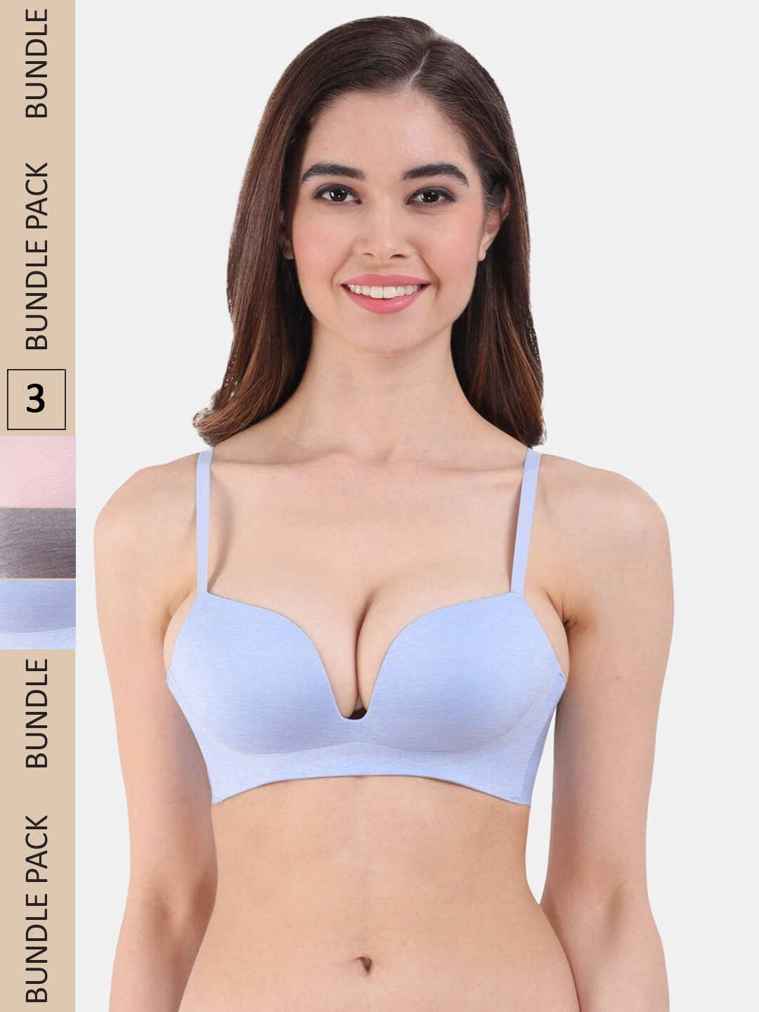 

Amour Secret Pack of 3 Lightly Padded All Day Comfort Seamless Plunge Bra, Grey