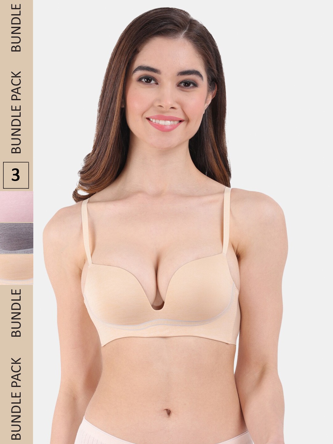 

Amour Secret Pack of 3 Lightly Padded All Day Comfort Seamless Plunge Bra, Grey