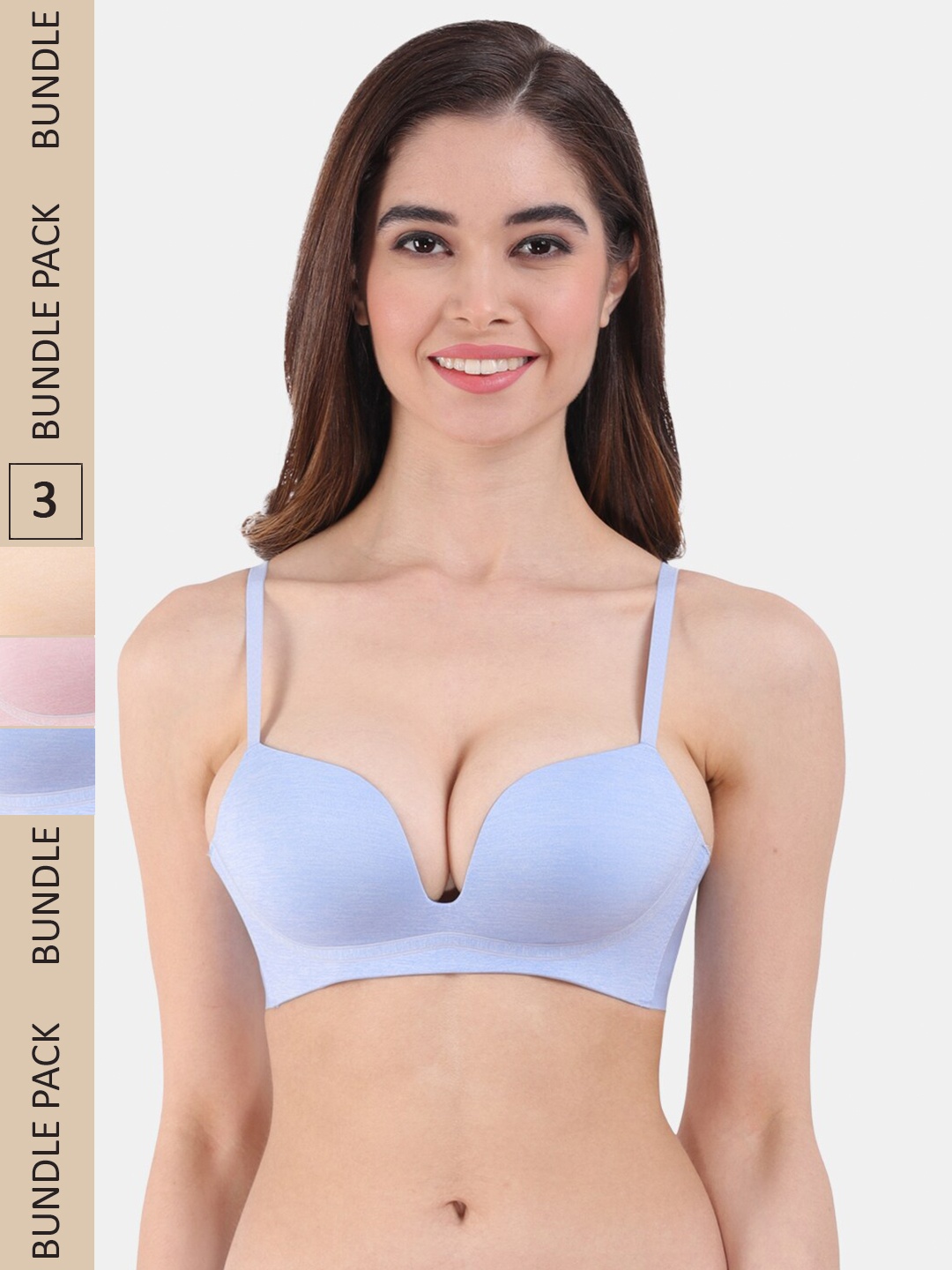

Amour Secret Pack of 3 Lightly Padded All Day Comfort Seamless Plunge Bra, Blue