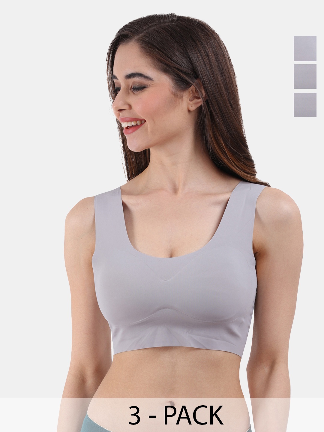 

Amour Secret Pack Of 3 Lightly Padded Seamless Dry Fit All Day Comfort Sports Workout Bra, Grey