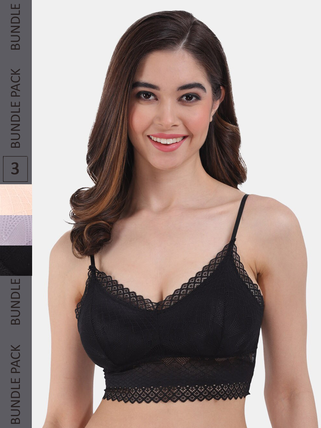 

Amour Secret Pack Of 3 Lightly Padded Seamless Bralette Bra PD601_Blk_Pch_Prl, Peach