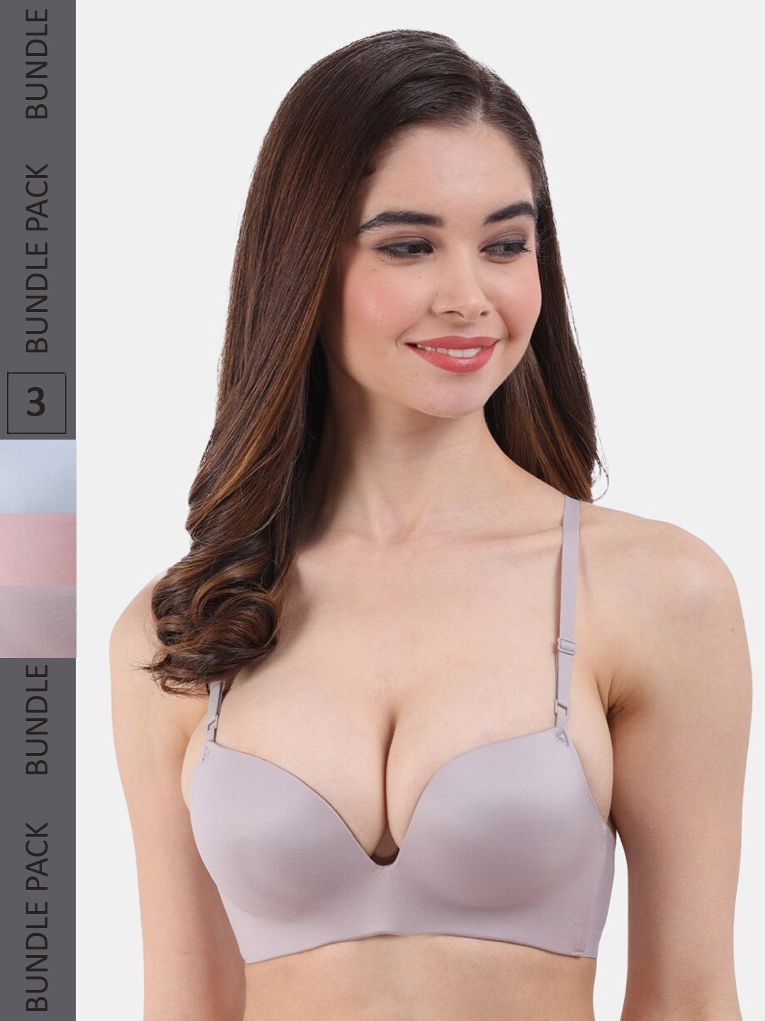 

Amour Secret Pack Of 3 Lightly Padded Seamless Push-up Bra PD2016_Gry_Rbn_Sblu, Pink