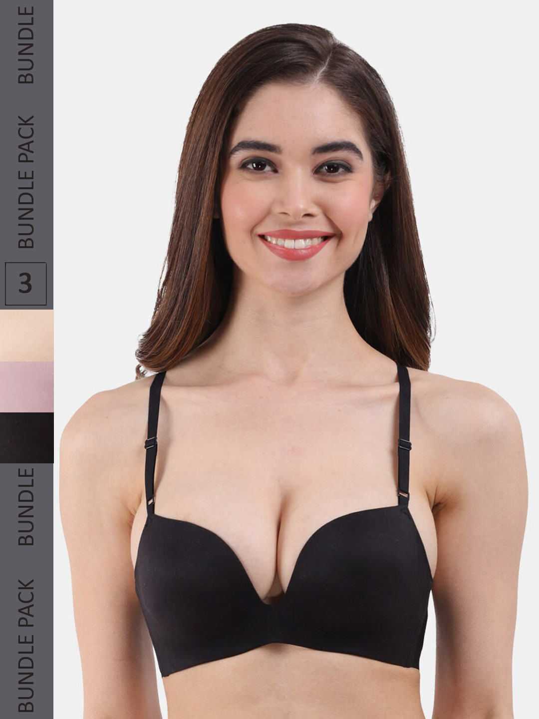 

Amour Secret Pack Of 3 Lightly Padded Seamless Push-up Bra PD2016_Blk_Rbn_Skn, Black
