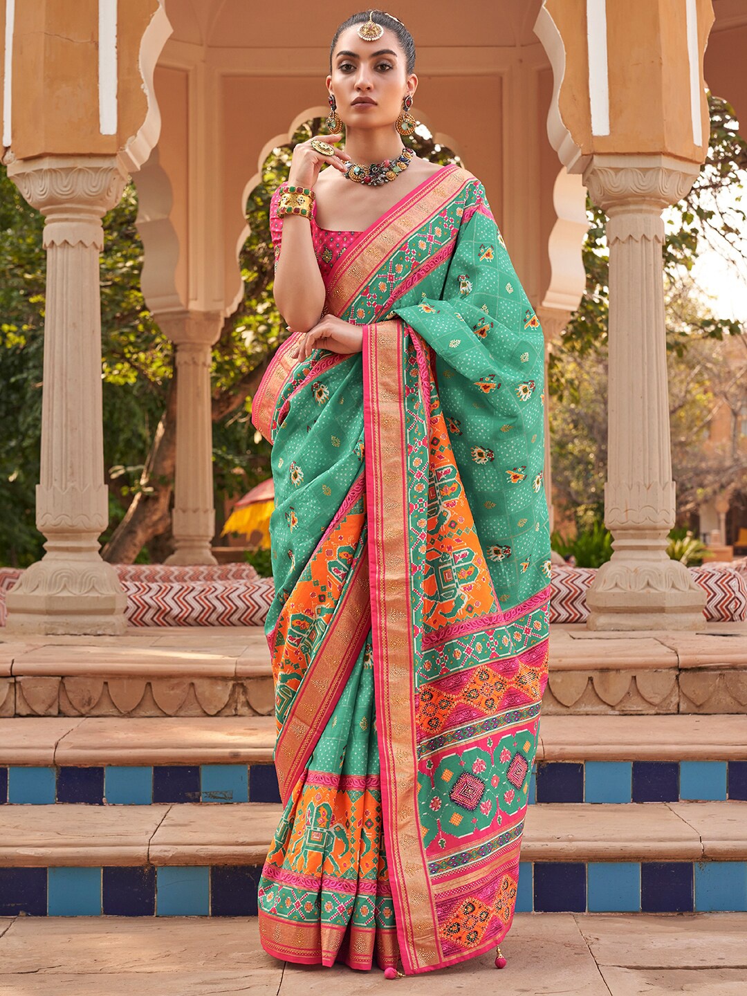

Anouk Embellished Ethnic Motifs Silk Blend Patola Saree, Sea green
