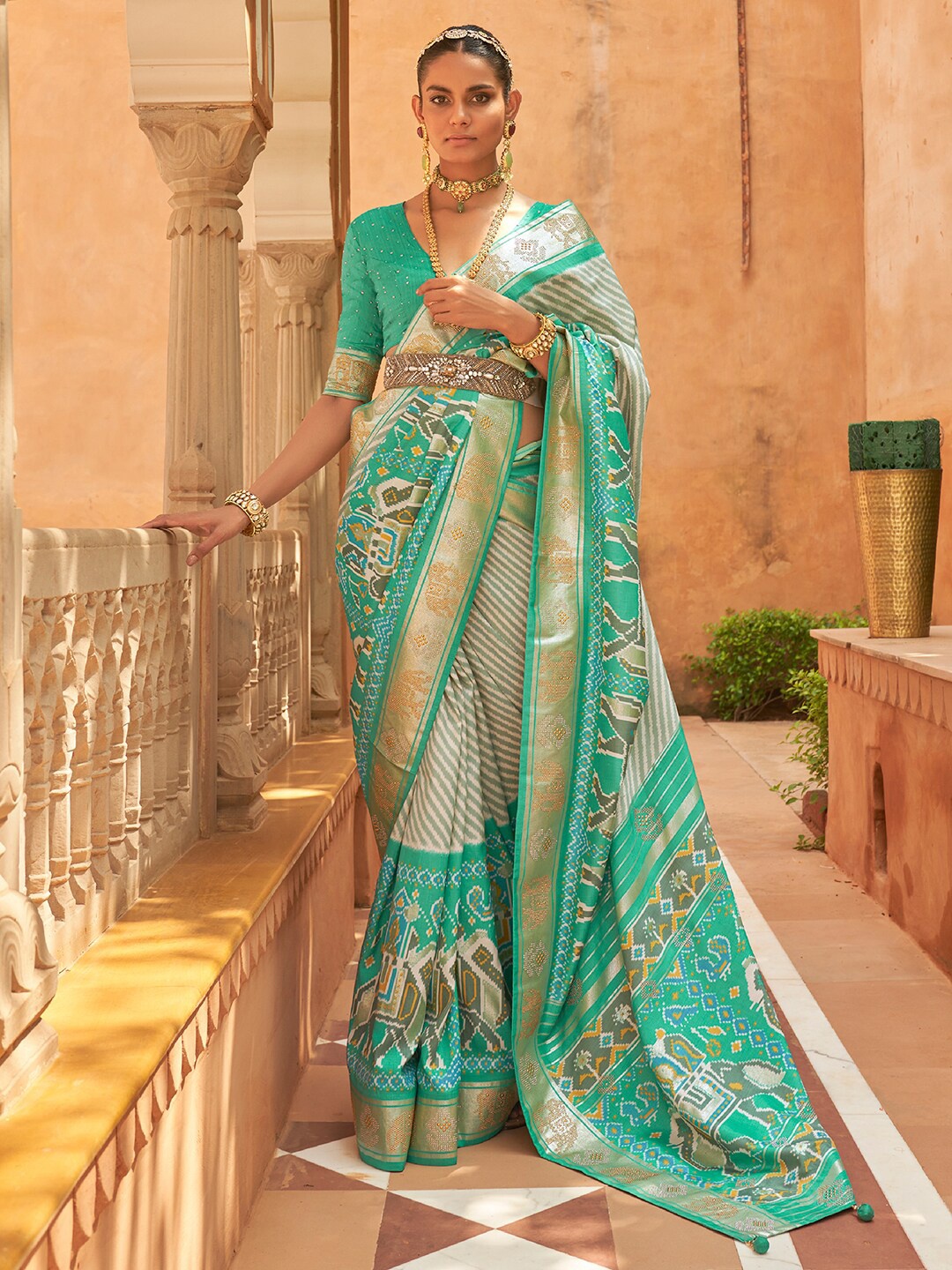 

Anouk Ethnic Printed Patola Saree, Sea green