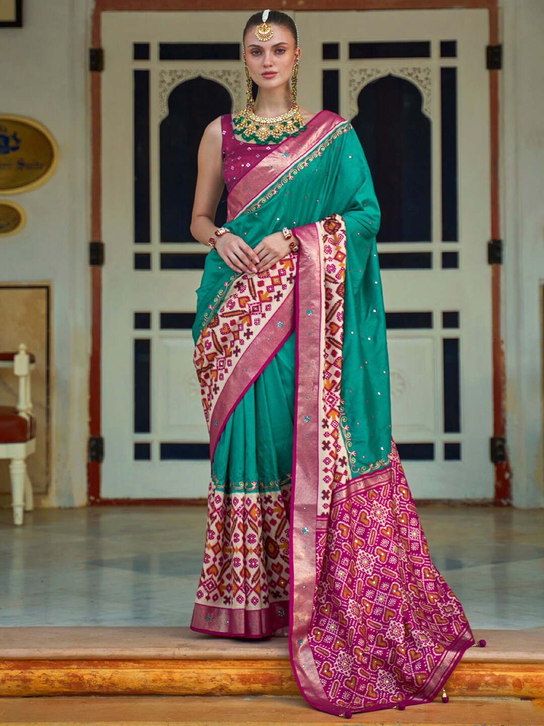 Anouk Embellished Pochampally Saree, Sea green