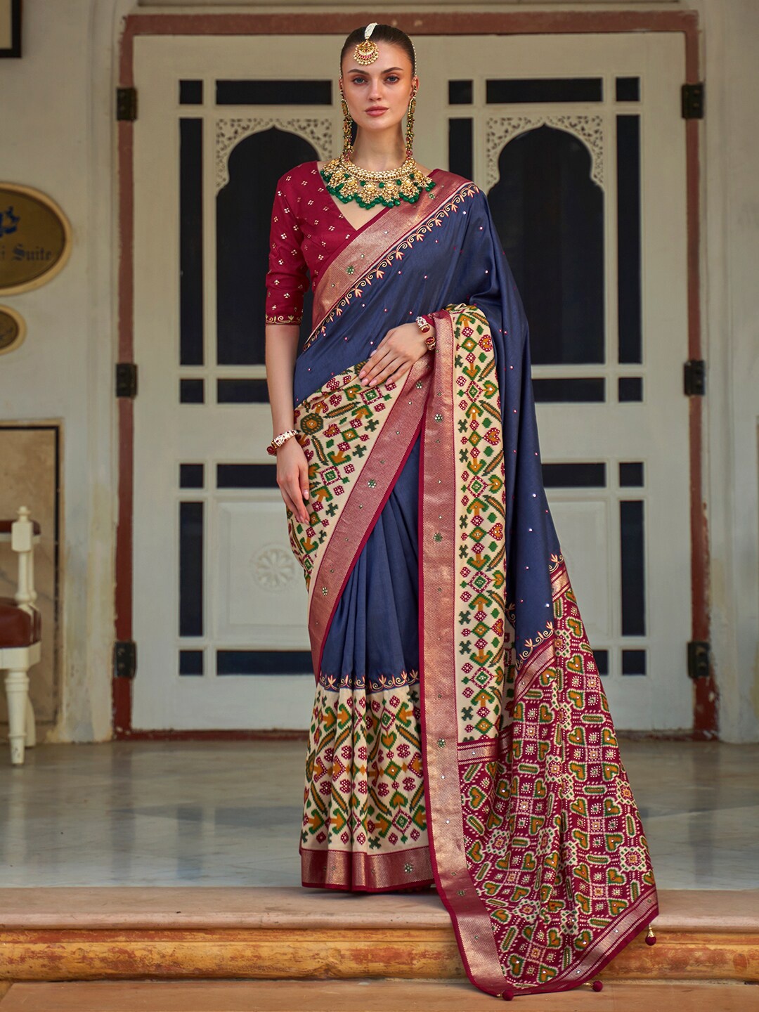 Anouk Ethnic Motifs Printed Pochampally Saree, Navy blue