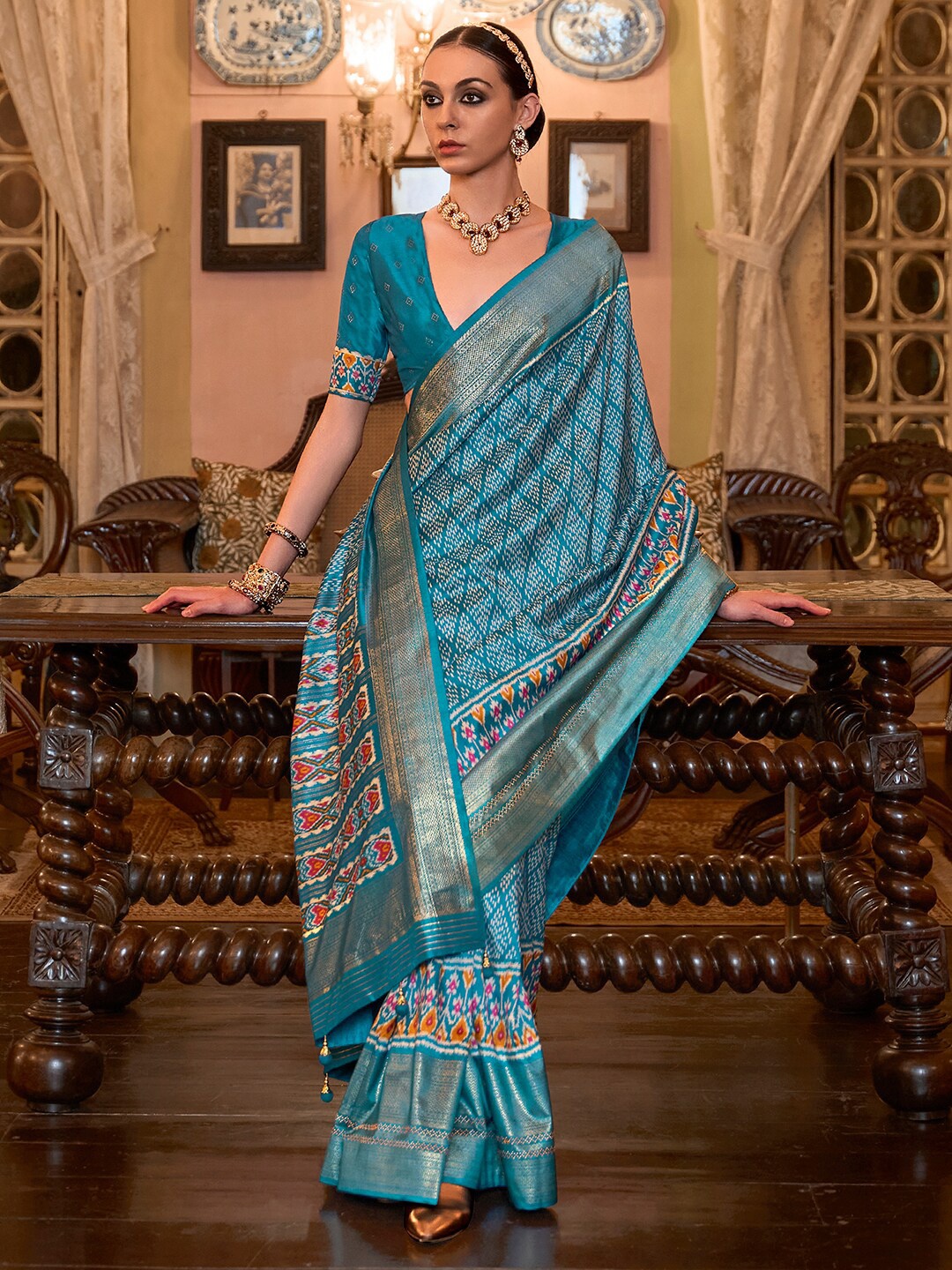 

Anouk Ethnic Motifs Silk Blend Pochampally Saree, Turquoise blue