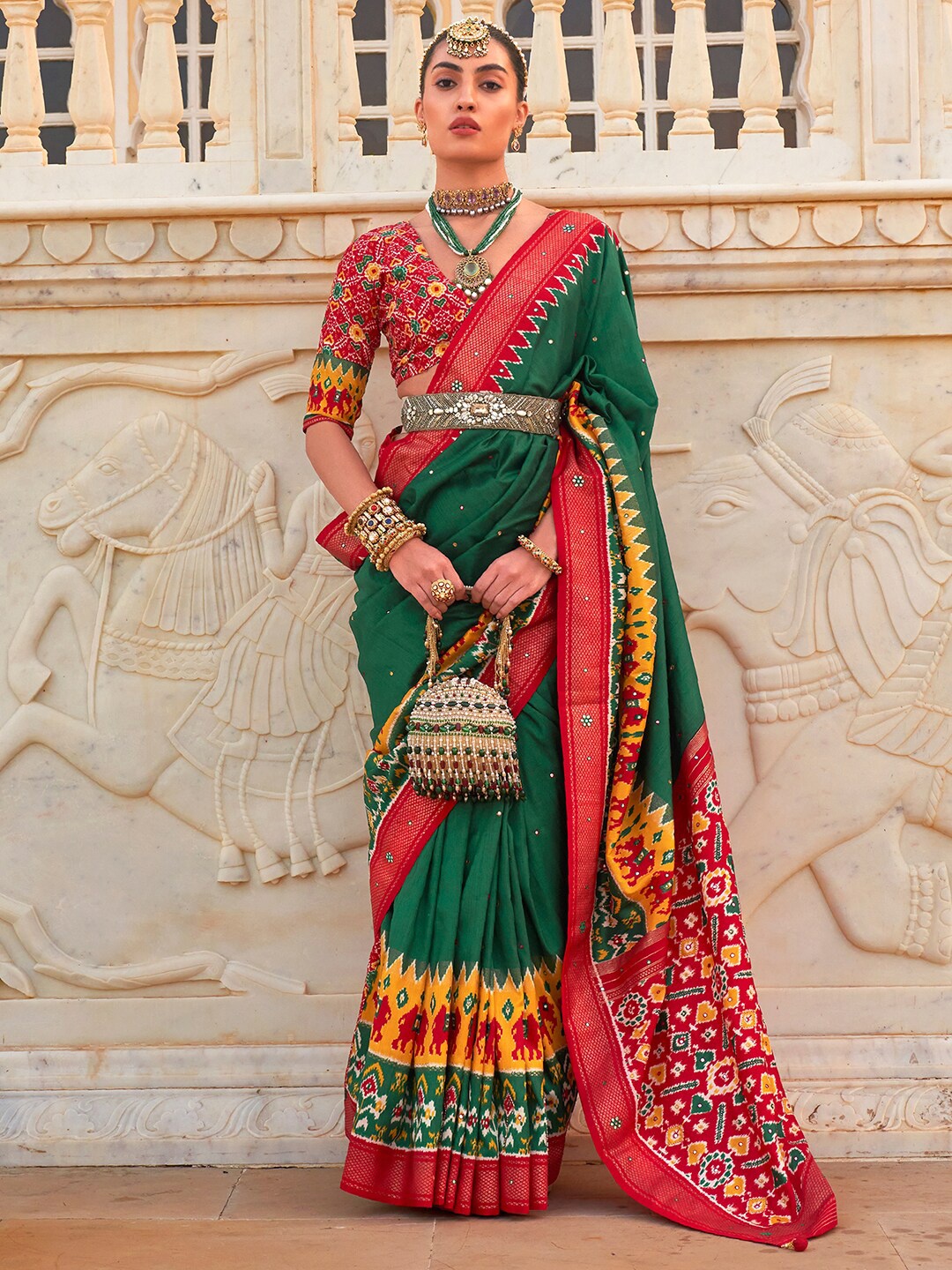 

Anouk Ethnic Motifs Embellished Silk Blend Patola Saree, Green
