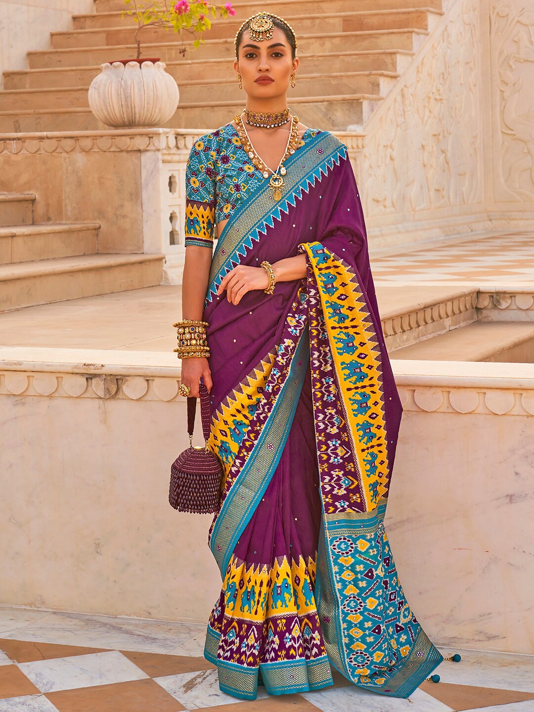 

Anouk Ethnic Motifs Printed Silk Blend Patola Saree, Purple