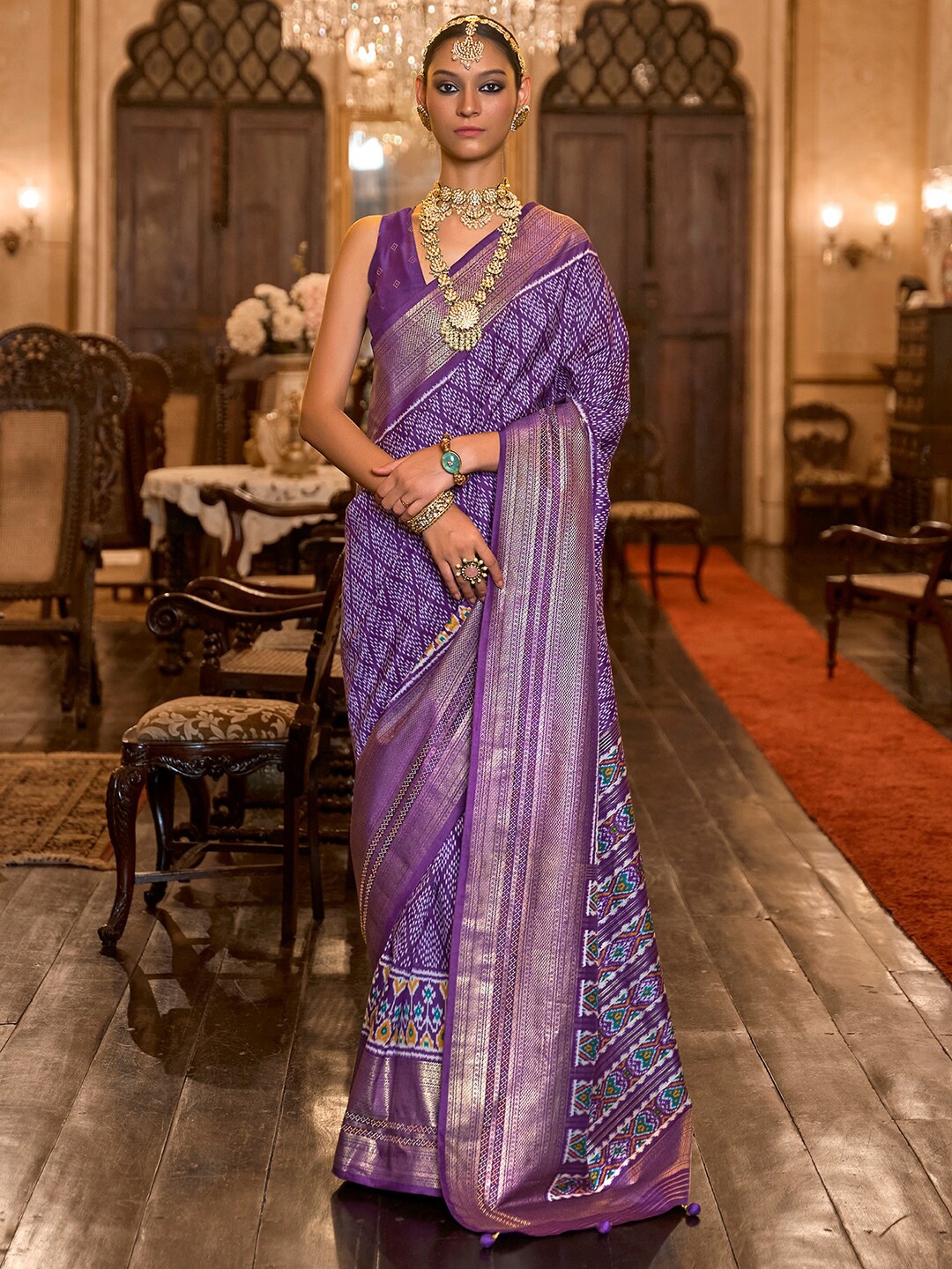 

Anouk Ethnic Motifs Printed Silk Blend Pochampally Saree, Purple