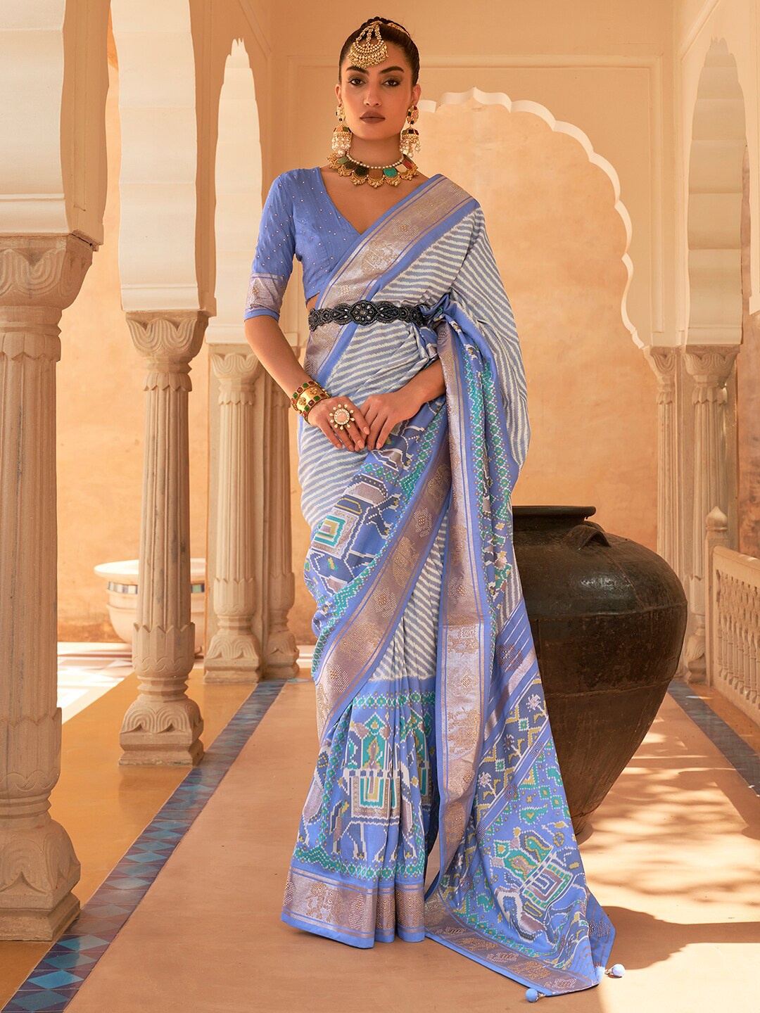 

Anouk Leheriya Patola Saree With Zari Border, Blue