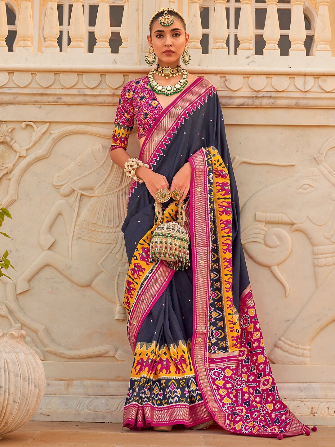

Anouk Ethnic Motifs Silk Blend Patola Saree, Navy blue