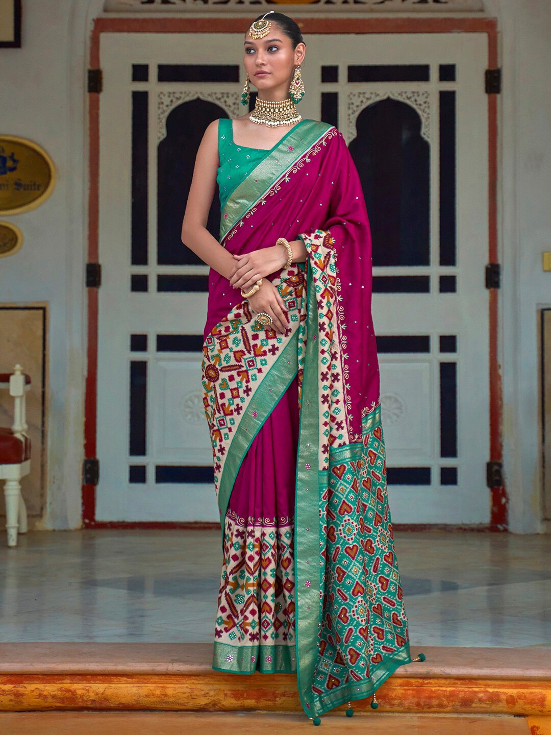 

Anouk Ethnic Motifs Printed Mirror Work Pochampally Saree, Magenta