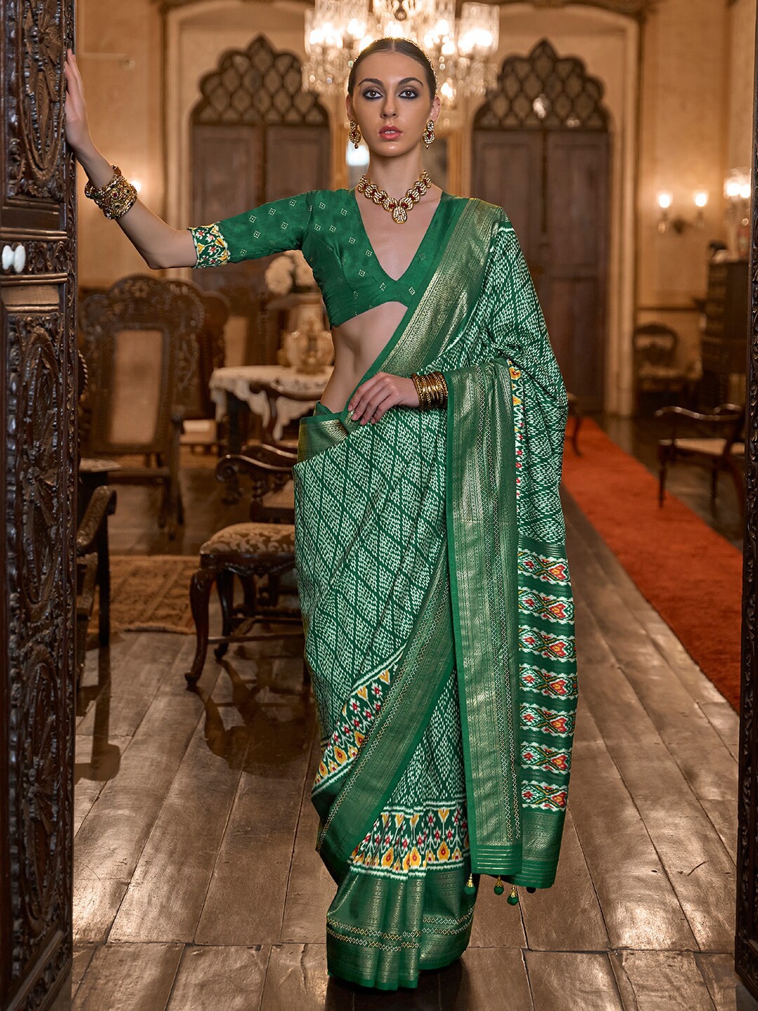 

Anouk Embellished Geometric Motifs Woven Design Pochampally Saree, Green
