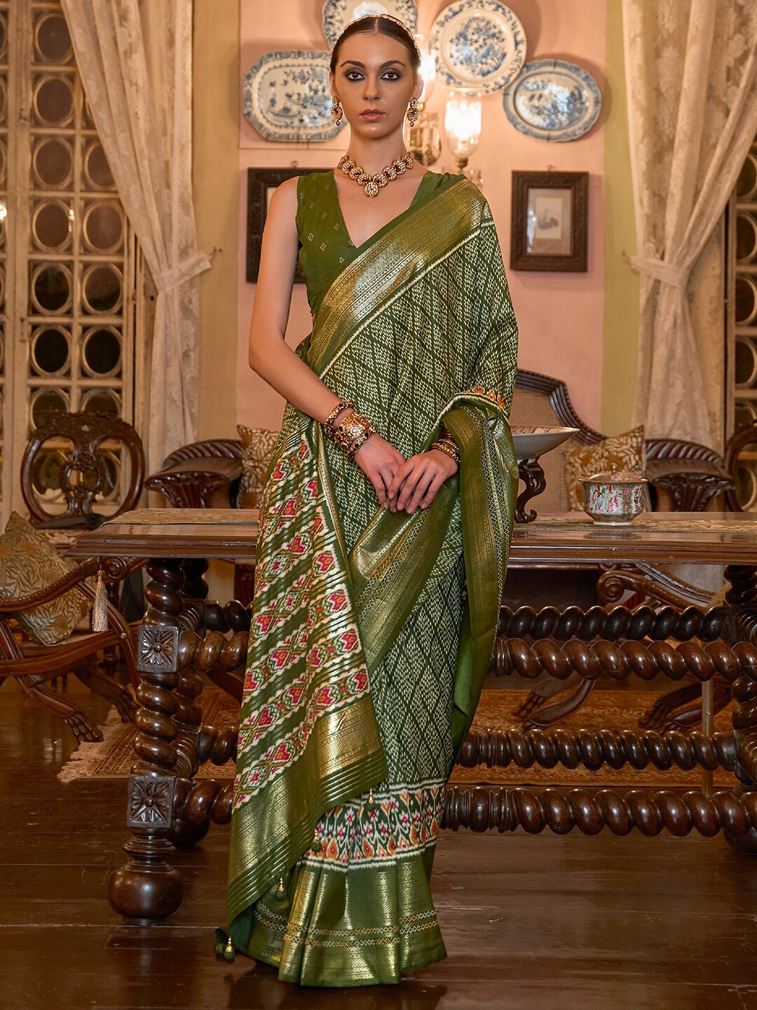 

Anouk Ethnic Motifs Silk Blend Pochampally Saree, Olive