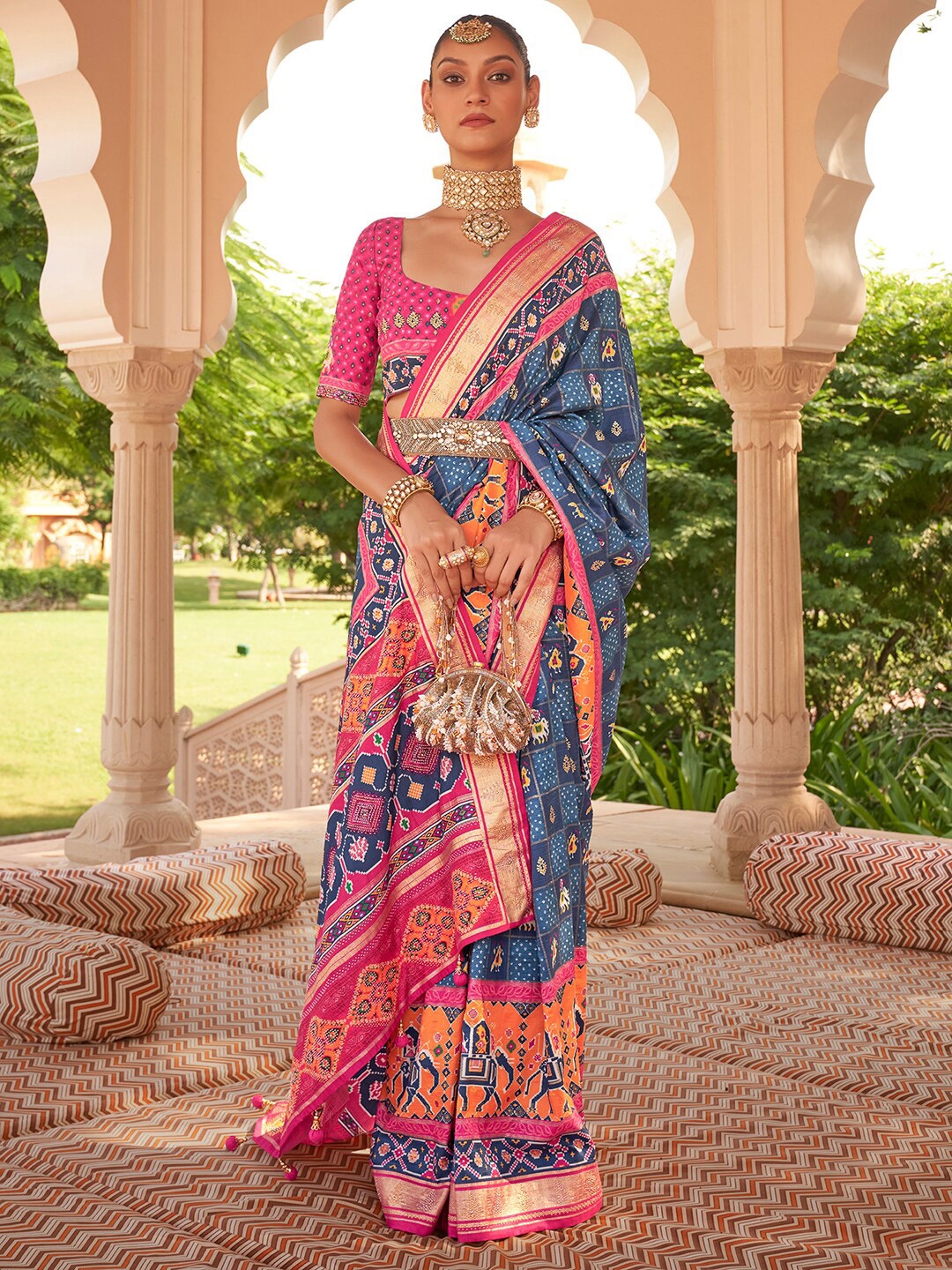 

Anouk Ethnic Motifs Printed Stone Work Patola Saree, Navy blue