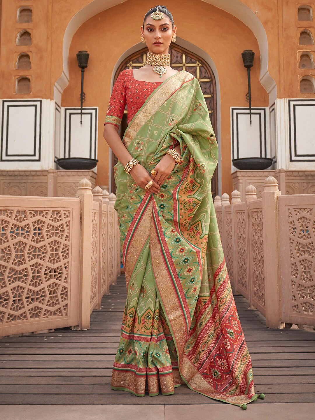 Anouk Ethnic Motifs Printed Patola Saree, Green