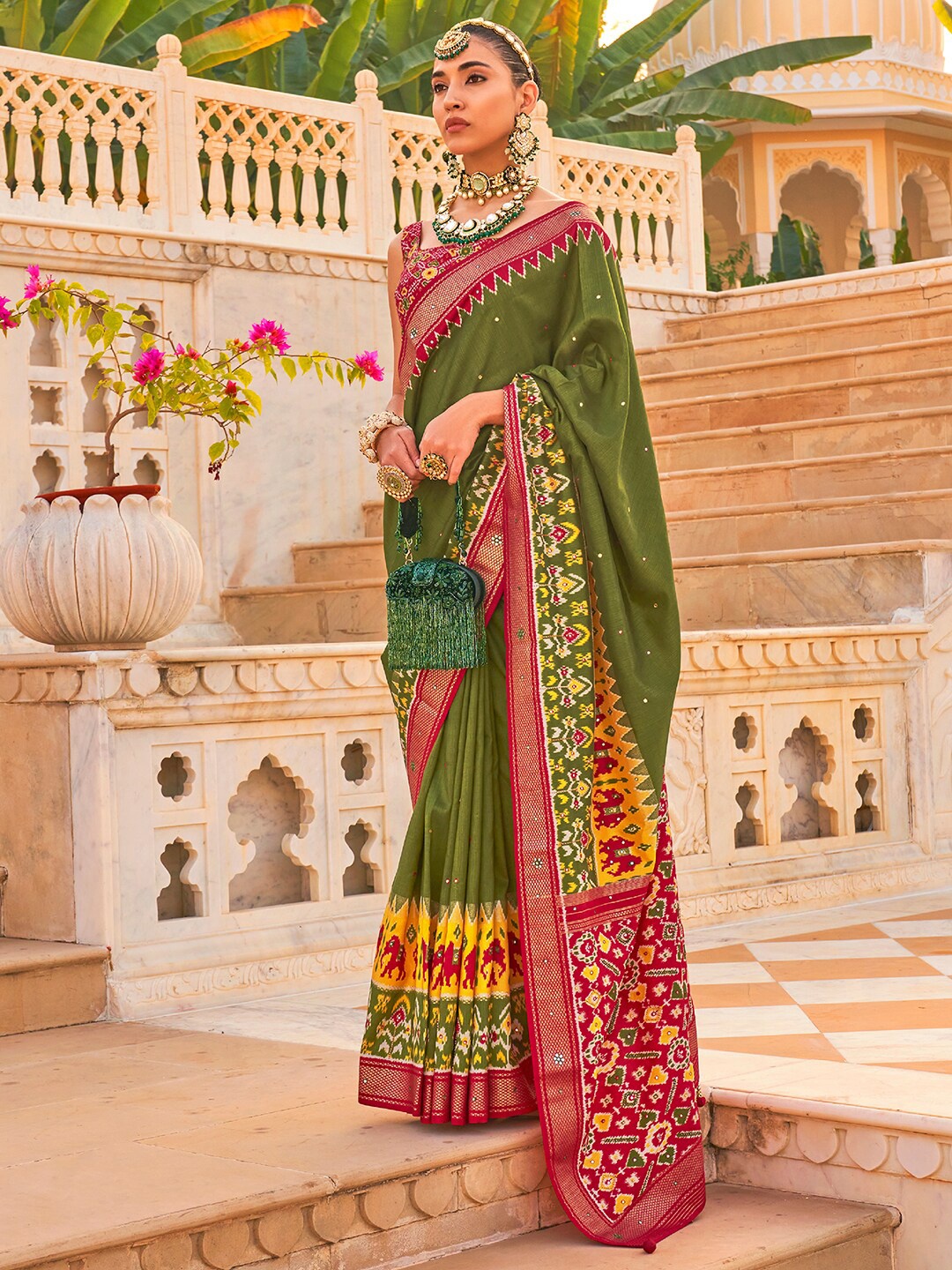 

Anouk Ethnic Motifs Silk Blend Patola Saree, Olive