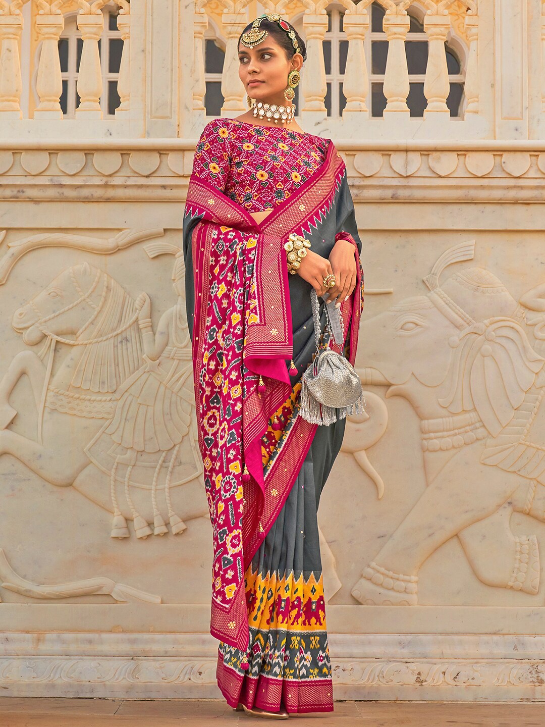 

Anouk Ethnic Motifs Printed Patola Saree, Grey