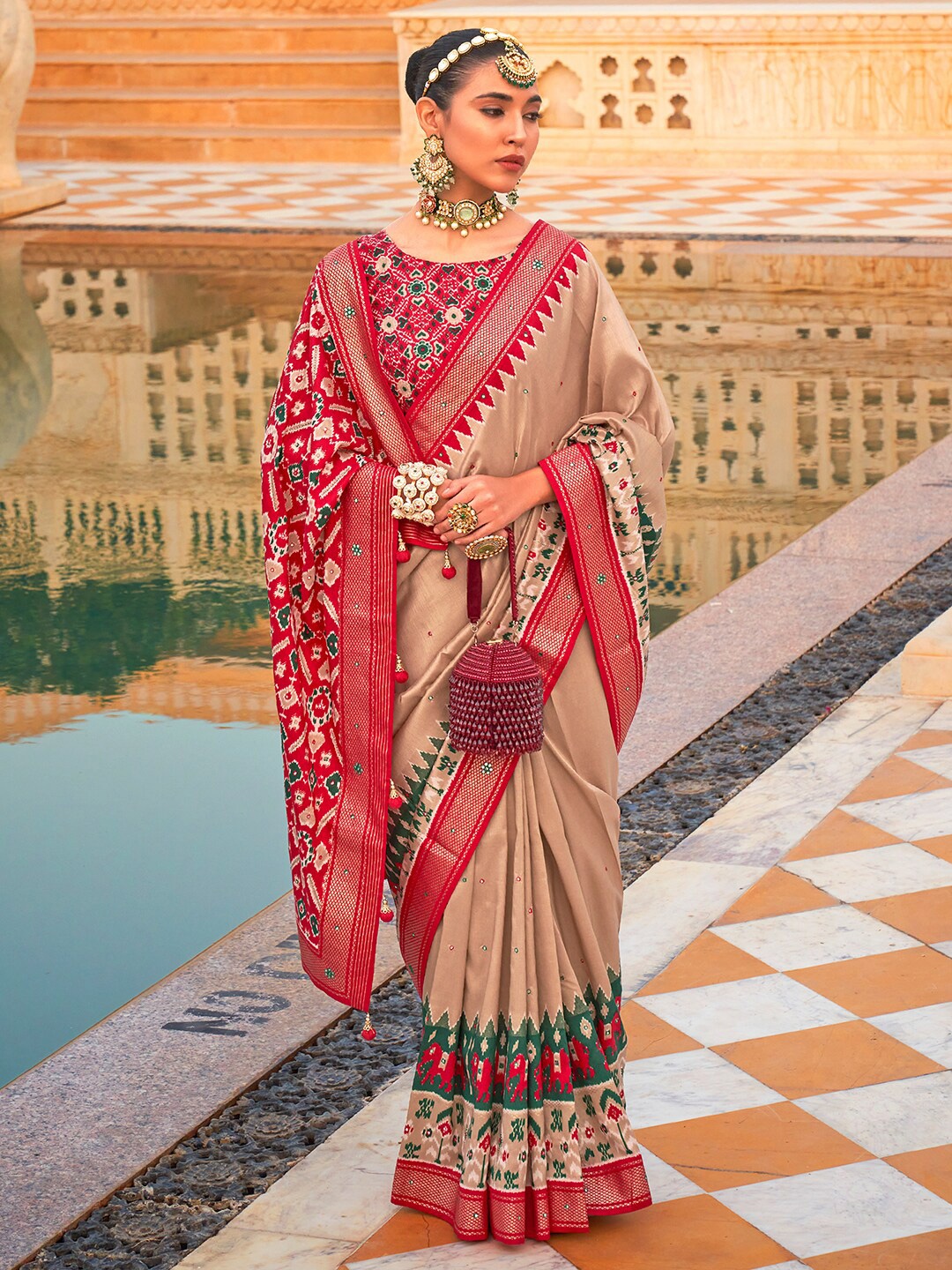 Anouk Ethnic Motifs Printed Patola Saree, Cream