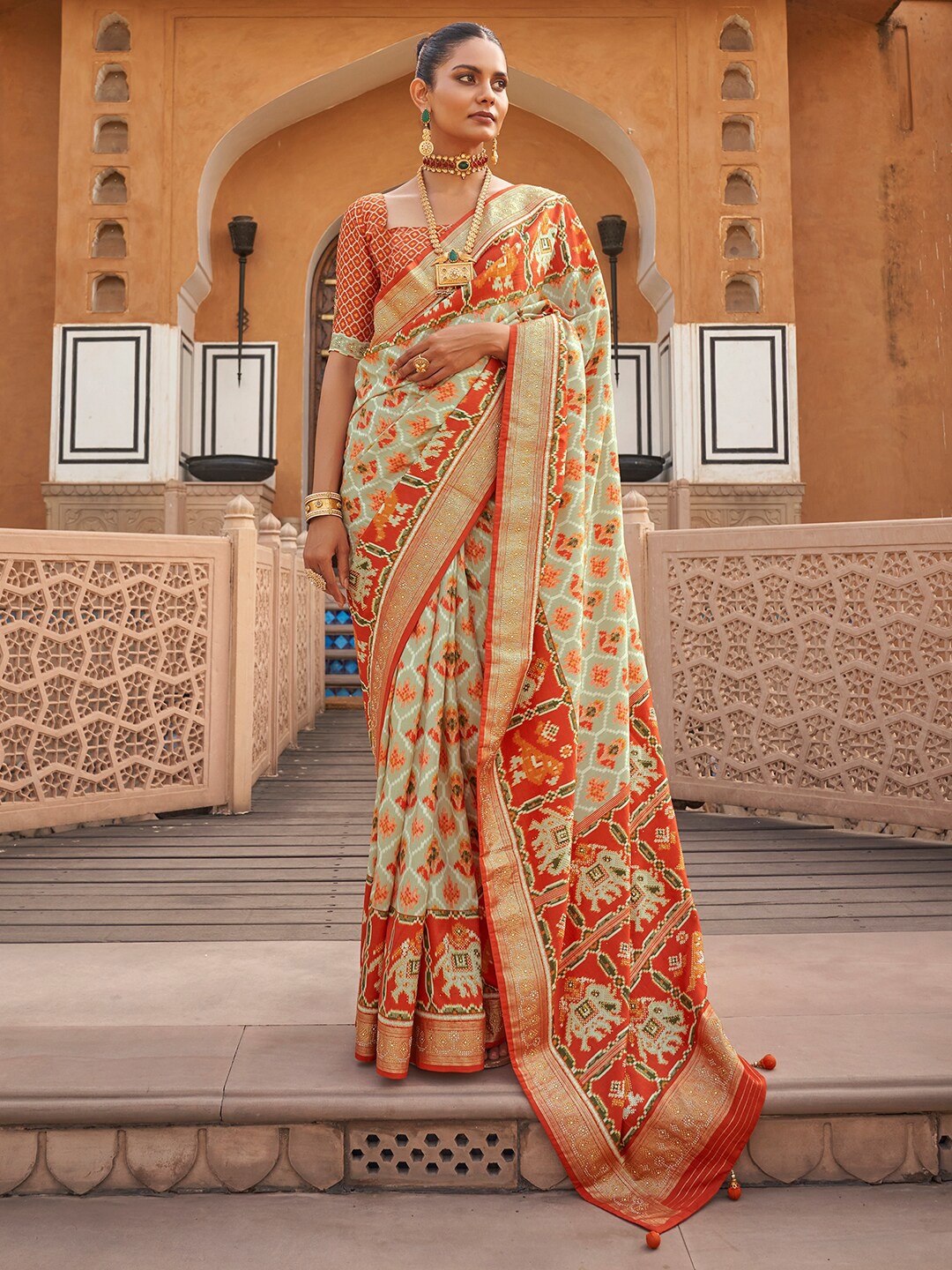 

Anouk Ethnic Motifs Printed Beads And Stones Embellished Patola Saree, Green